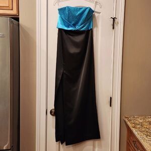 Long Black Aqua Strapless Satin Sequin Slit Dress Sz 7